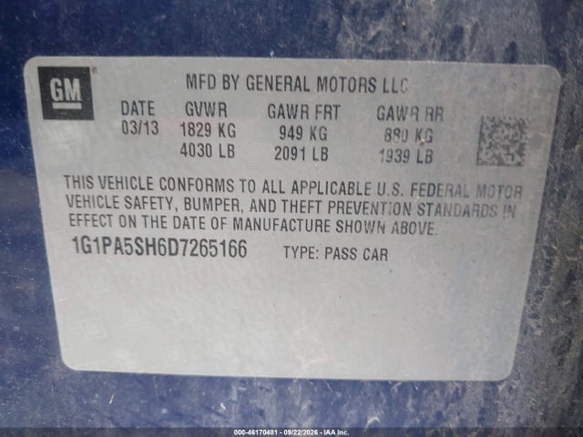 Продаж на аукціоні авто 2013 Chevrolet Cruze Ls Auto, vin: 1G1PA5SH6D7265166, номер лоту: 46170481