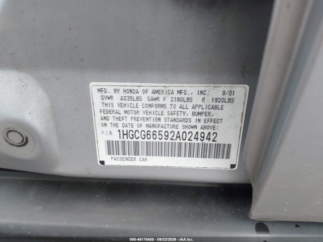 2002 Honda Accord 2.3 Lx მანქანა იყიდება აუქციონზე, vin: 1HGCG66592A024942, აუქციონის ნომერი: 46170488