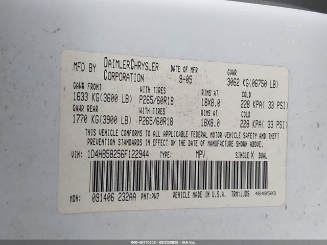 Auction sale of the 2006 Dodge Durango Limited, vin: 1D4HB58256F122944, lot number: 46170502