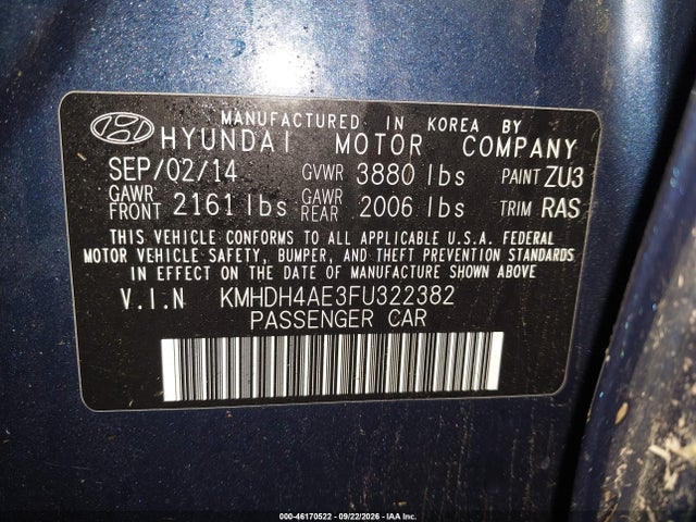 Aukcja sprzedaży 2015 Hyundai Elantra Se, vin: KMHDH4AE3FU322382, numer aukcji: 46170522