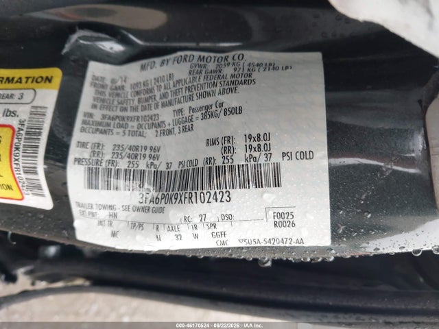 46170524 :رقم المزاد ، 3FA6P0K9XFR102423 vin ، 2015 Ford Fusion Titanium مزاد بيع