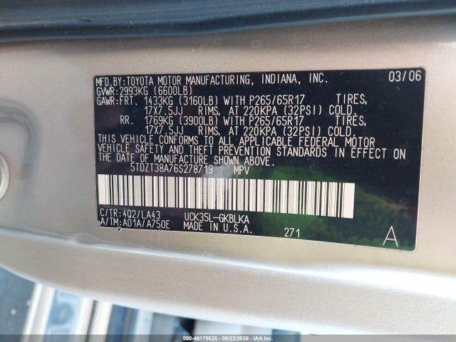 Aukcja sprzedaży 2006 Toyota Sequoia Limited V8, vin: 5TDZT38A76S278719, numer aukcji: 46170525