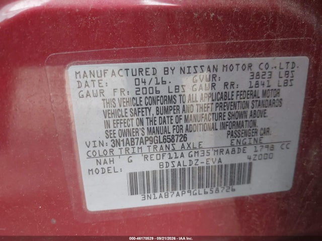Aukcja sprzedaży 2016 Nissan Sentra Fe+ S/s/sl/sr/sv, vin: 3N1AB7AP9GL658726, numer aukcji: 46170529