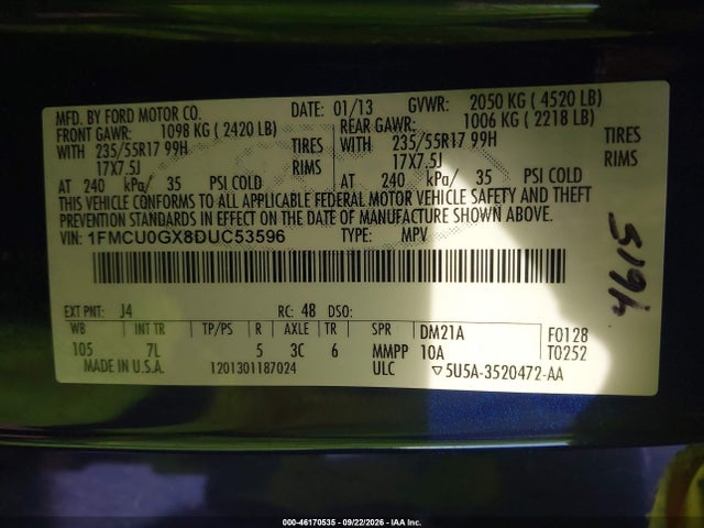 46170535 :رقم المزاد ، 1FMCU0GX8DUC53596 vin ، 2013 Ford Escape Se مزاد بيع