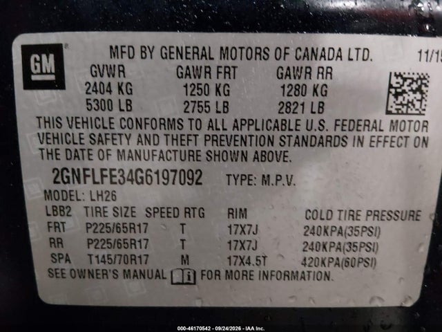 46170542 :رقم المزاد ، 2GNFLFE34G6197092 vin ، 2016 Chevrolet Equinox Lt مزاد بيع