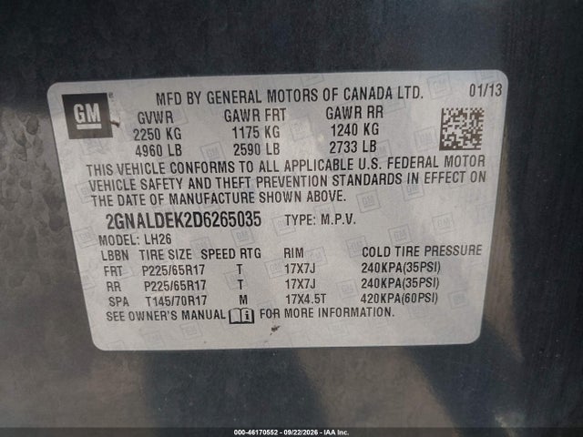 46170552 :رقم المزاد ، 2GNALDEK2D6265035 vin ، 2013 Chevrolet Equinox 1lt مزاد بيع