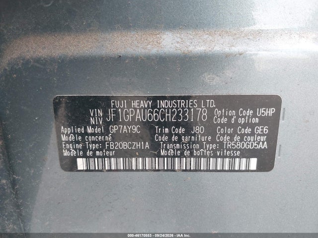 Продаж на аукціоні авто 2012 Subaru Impreza 2.0i Sport Limited, vin: JF1GPAU66CH233178, номер лоту: 46170553