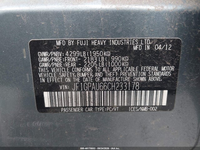 Продаж на аукціоні авто 2012 Subaru Impreza 2.0i Sport Limited, vin: JF1GPAU66CH233178, номер лоту: 46170553
