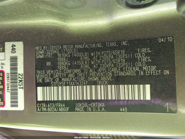 46170564 :رقم المزاد ، 5TFUY5F11AX143247 vin ، 2010 Toyota Tundra Grade 5.7l V8 مزاد بيع