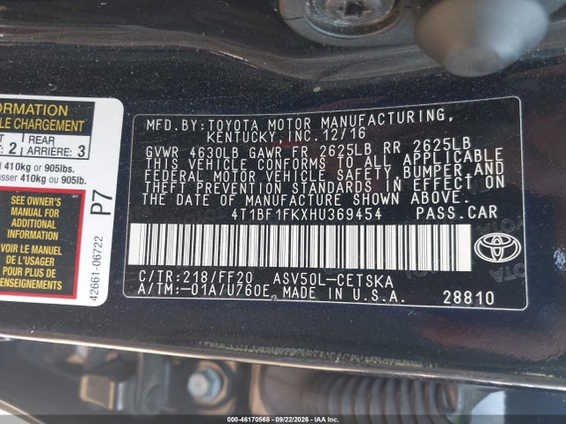 2017 Toyota Camry Se მანქანა იყიდება აუქციონზე, vin: 4T1BF1FKXHU369454, აუქციონის ნომერი: 46170568