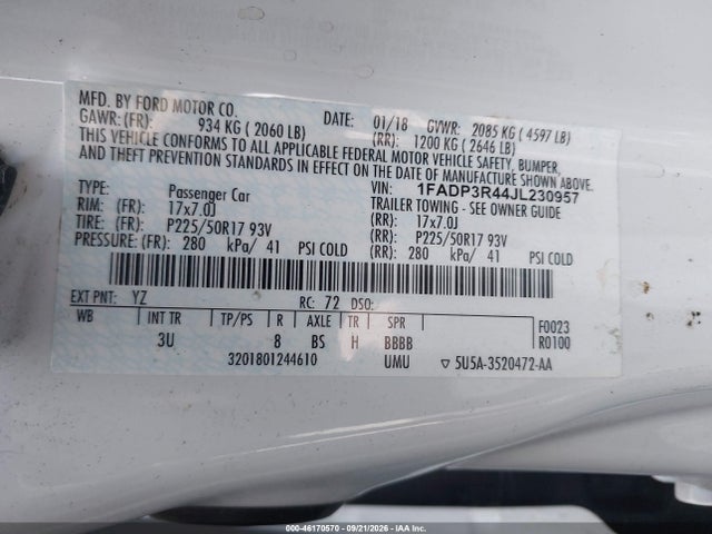 2018 Ford Focus Electric მანქანა იყიდება აუქციონზე, vin: 1FADP3R44JL230957, აუქციონის ნომერი: 46170570