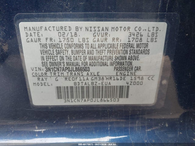 Aukcja sprzedaży 2018 Nissan Versa 1.6 Sv, vin: 3N1CN7AP0JL866503, numer aukcji: 46170573