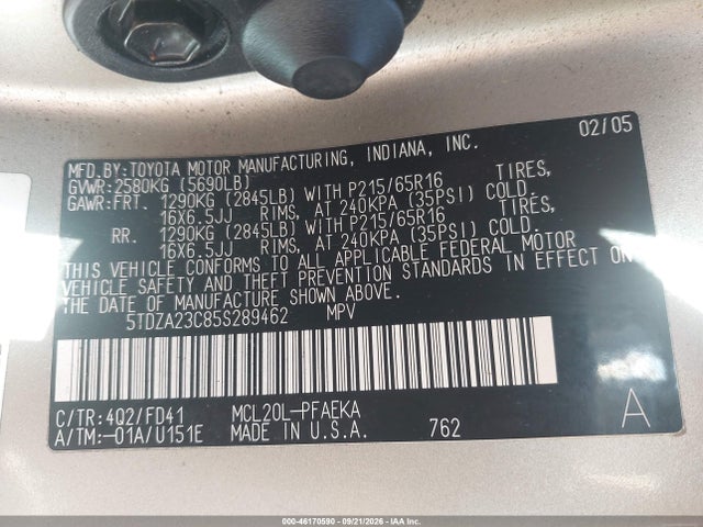 2005 Toyota Sienna Ce მანქანა იყიდება აუქციონზე, vin: 5TDZA23C85S289462, აუქციონის ნომერი: 46170590
