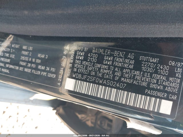 1998 Mercedes-benz E 300 Diesel მანქანა იყიდება აუქციონზე, vin: WDBJF25F0WA502407, აუქციონის ნომერი: 46170596