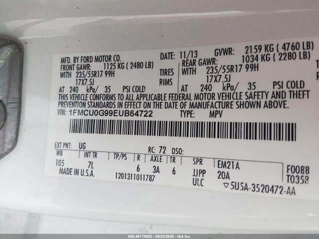 Продажа на аукционе авто 2014 Ford Escape Se, vin: 1FMCU0G99EUB64722, номер лота: 46170603