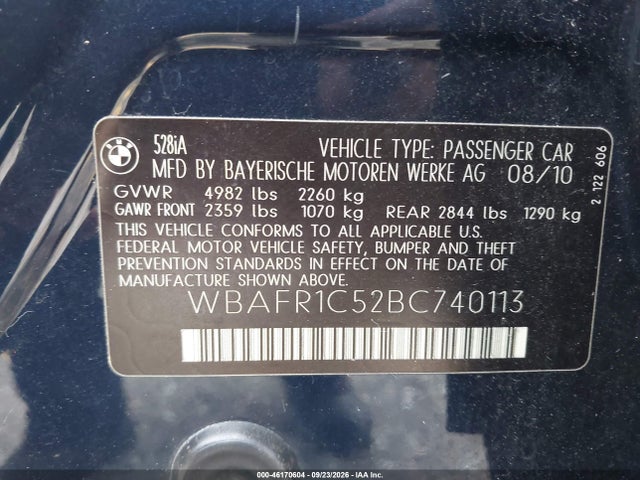 2011 Bmw 528i მანქანა იყიდება აუქციონზე, vin: WBAFR1C52BC740113, აუქციონის ნომერი: 46170604