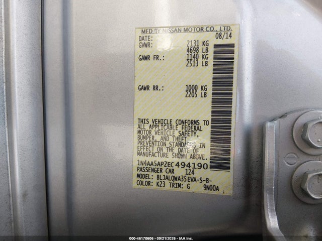Продаж на аукціоні авто 2014 Nissan Maxima 3.5 S/3.5 Sv, vin: 1N4AA5AP2EC494190, номер лоту: 46170606