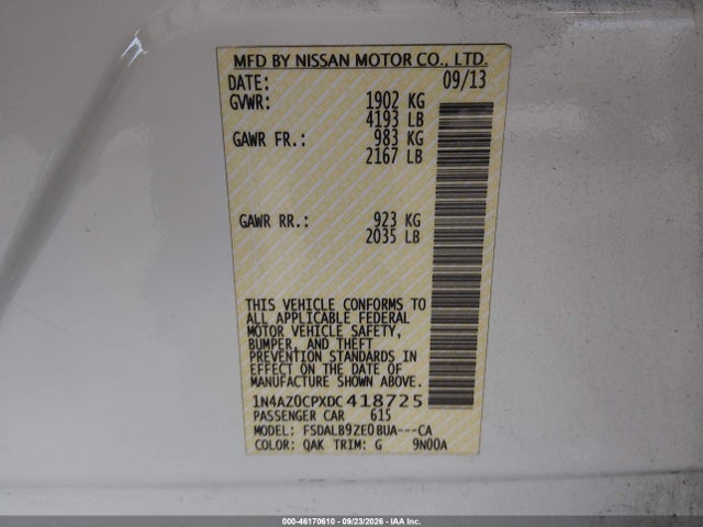 2013 Nissan Leaf S მანქანა იყიდება აუქციონზე, vin: 1N4AZ0CPXDC418725, აუქციონის ნომერი: 46170610