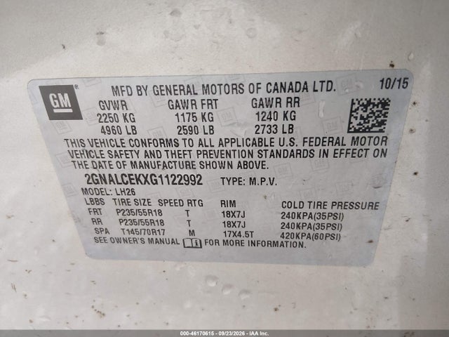 2016 Chevrolet Equinox Lt მანქანა იყიდება აუქციონზე, vin: 2GNALCEKXG1122992, აუქციონის ნომერი: 46170615