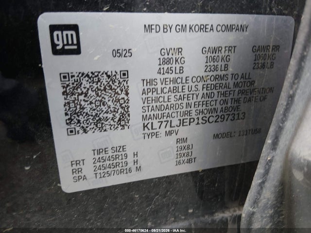 46170624 :رقم المزاد ، KL77LJEP1SC297313 vin ، 2025 Chevrolet Trax Fwd 2rs مزاد بيع