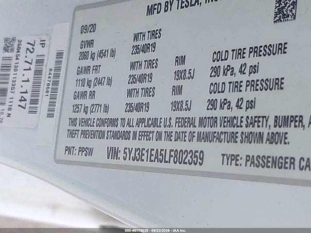 5YJ3E1EA5LF802359 Tesla MODEL 3