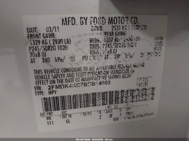 Продаж на аукціоні авто 2011 Ford Edge Limited, vin: 2FMDK4KC7BBB14603, номер лоту: 46170640