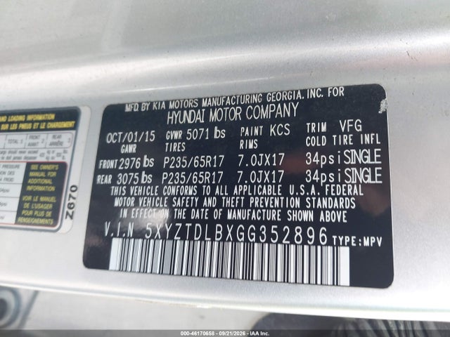 46170658 :رقم المزاد ، 5XYZTDLBXGG352896 vin ، 2016 Hyundai Santa Fe Sport 2.4l مزاد بيع