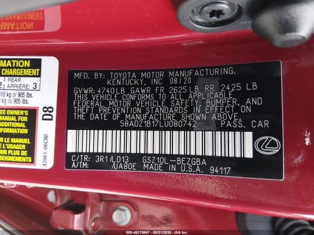 Продаж на аукціоні авто 2020 Lexus Es 350, vin: 58ADZ1B17LU080742, номер лоту: 46170667