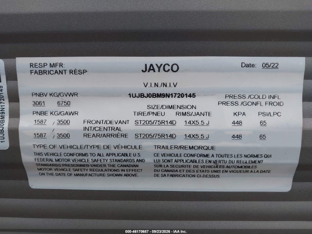 2022 Jayco Jayflight Slx 240rbs Travel Trailer მანქანა იყიდება აუქციონზე, vin: 1UJBJ0BM9N1720145, აუქციონის ნომერი: 46170687