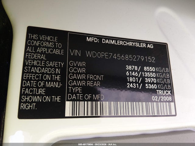 Auction sale of the 2008 Dodge Sprinter Van 2500, vin: WD0PE745685279152, lot number: 46170694