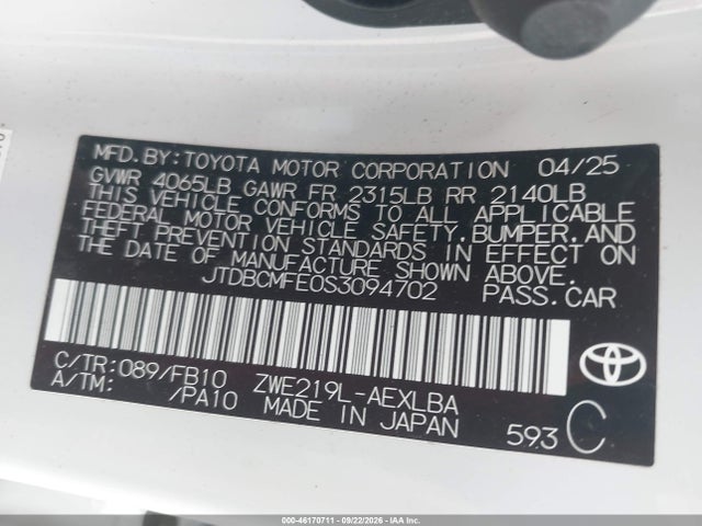 46170711 :رقم المزاد ، JTDBCMFE0S3094702 vin ، 2025 Toyota Corolla Hybrid Le مزاد بيع
