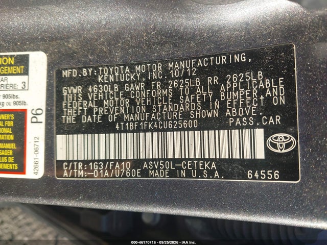 Aukcja sprzedaży 2012 Toyota Camry L, vin: 4T1BF1FK4CU625600, numer aukcji: 46170716