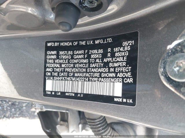 Продаж на аукціоні авто 2021 Honda Civic Ex, vin: SHHFK7H67MU422214, номер лоту: 46170722