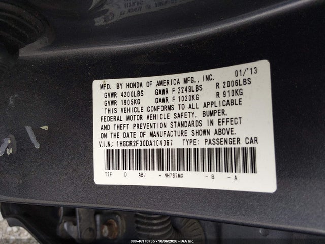 Продаж на аукціоні авто 2013 Honda Accord Lx, vin: 1HGCR2F30DA104067, номер лоту: 46170735