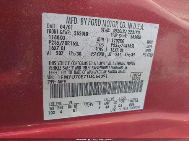 46170746 :رقم المزاد ، 1FMYU70E71UC64091 vin ، 2001 Ford Explorer Sport مزاد بيع