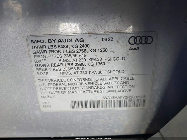 46170751 :رقم المزاد ، WA1EAAFY2N2082325 vin ، 2022 Audi Q5 Premium Plus 45 Tfsi S Line Quattro S Tronic مزاد بيع