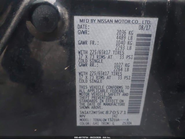 46170754 :رقم المزاد ، 5N1AT2MT5HC870571 vin ، 2017 Nissan Rogue Sv مزاد بيع