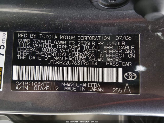 46170755 :رقم المزاد ، JTDKB22U763196184 vin ، 2006 Toyota Prius مزاد بيع