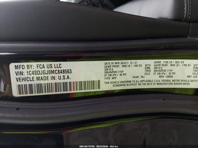 46170759 :رقم المزاد ، 1C4SDJGJ0MC848563 vin ، 2021 Dodge Durango Srt 392 Awd مزاد بيع