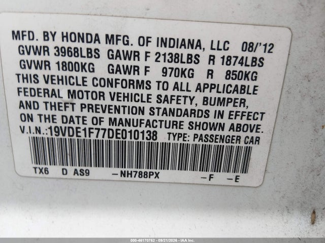 46170762 :رقم المزاد ، 19VDE1F77DE010138 vin ، 2013 Acura Ilx 2.0l مزاد بيع