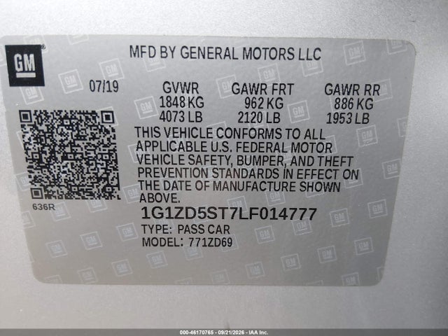 46170765 :رقم المزاد ، 1G1ZD5ST7LF014777 vin ، 2020 Chevrolet Malibu Fwd Lt مزاد بيع