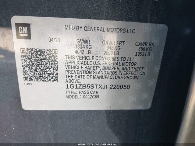Aukcja sprzedaży 2018 Chevrolet Malibu 1ls, vin: 1G1ZB5STXJF220050, numer aukcji: 46170773