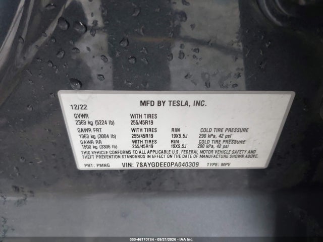46170784 :رقم المزاد ، 7SAYGDEE0PA040309 vin ، 2023 Tesla Model Y Awd/long Range Dual Motor All-wheel Drive مزاد بيع