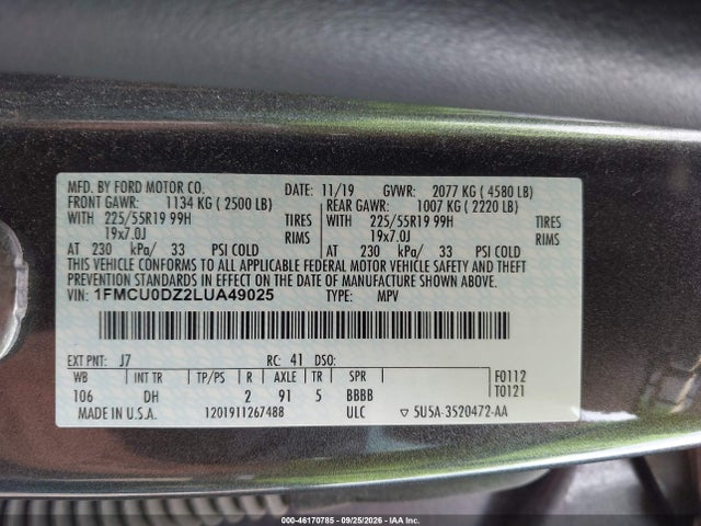 Продаж на аукціоні авто 2020 Ford Escape Titanium Hybrid, vin: 1FMCU0DZ2LUA49025, номер лоту: 46170785