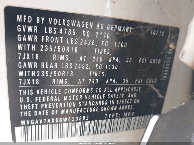 Aukcja sprzedaży 2011 Volkswagen Tiguan Se, vin: WVGAV7AX5BW523892, numer aukcji: 46170793