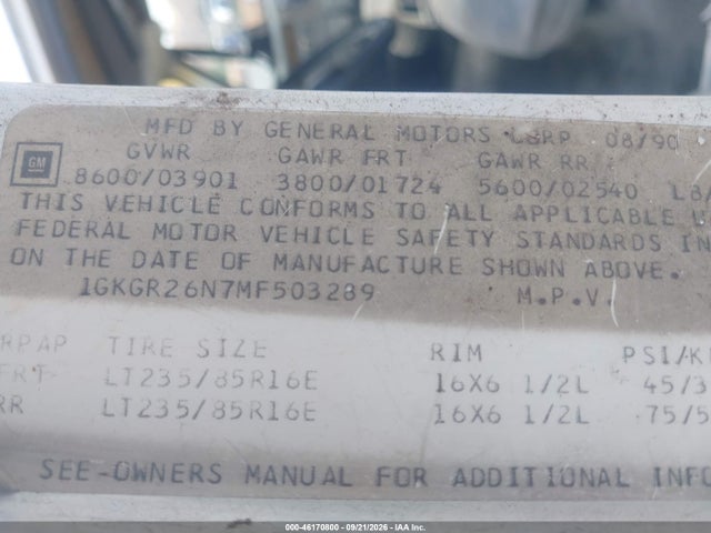 Продаж на аукціоні авто 1991 Gmc Suburban R25 Conventional, vin: 1GKGR26N7MF503289, номер лоту: 46170800