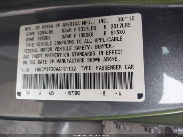 Продаж на аукціоні авто 2010 Honda Accord 2.4 Lx, vin: 1HGCP2F30AA191132, номер лоту: 46170802