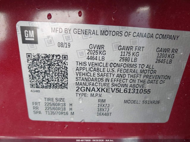 Aukcja sprzedaży 2020 Chevrolet Equinox Fwd Lt 1.5l Turbo, vin: 2GNAXKEV5L6131055, numer aukcji: 46170809