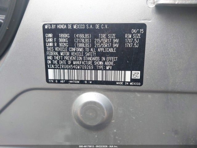 46170813 :رقم المزاد ، 3CZRU6H54GM709269 vin ، 2016 Honda Hr-v Ex مزاد بيع