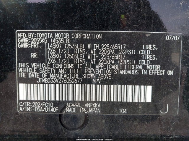 46170816 :رقم المزاد ، JTMBD33V276052677 vin ، 2007 Toyota Rav4 مزاد بيع